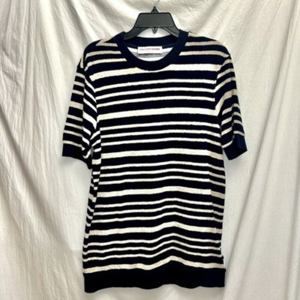 Orlebar Brown Terry Stripe Short Sleeve Knit Sweater Shirt Men’s S Portugal Navy